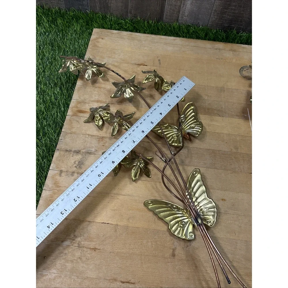 Retro MCM Metal Brass Butterfly Flower Leaves Wall Hanging Art Decor Set Of 2
